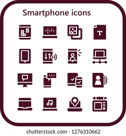  smartphone icon set. 16 filled smartphone icons. Simple modern icons about  - Smartphone, Laptop, Background, Text, Selfie, Computer, Responsive, Contact, Graphic tablet