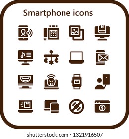 smartphone icon set. 16 filled smartphone icons.  Collection Of - Smartphone, Fax, Background, Computer, Mobile, Laptop, Smartwatch, Selfie, Responsive, No phone