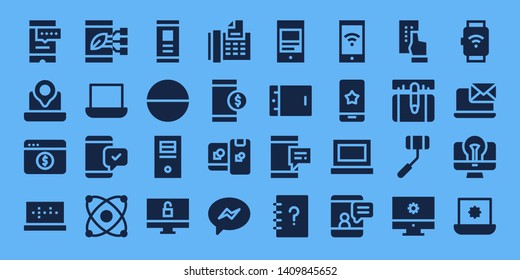 smartphone icon set. 32 filled smartphone icons. on blue background style Collection Of - Smartphone, Laptop, Computer, Electron, Tablet, Fax, Computing, Messenger, Mobile, Contacts