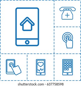 Smartphone icon. set of 6 smartphone outline icons such as heartbeat on phone, touchscreen