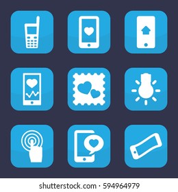 smartphone icon. Set of 9 filled smartphone icons such as heartbeat on phone, heart mobile, photo with heart, phone with heart, touchscreen
