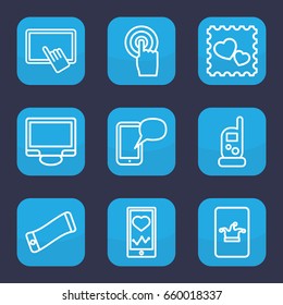 Smartphone icon. set of 9 outline smartphone icons such as baby monitor phone, poker on phone, finger on tablet, photo with heart, touchscreen