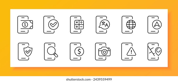 Conjunto de iconos de smartphone. Aplicación, batería, traductor, banco, calculadora, navegador, motor de búsqueda, GPS. Icono negro sobre fondo blanco. Icono de línea vectorial para negocios y publicidad