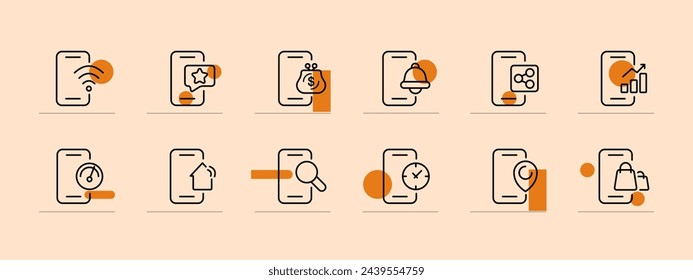 Conjunto de iconos de smartphone. Aplicación, compras en línea, cartera, horario, carga, gadget, Internet, Wi-Fi. Fondo de color pastel. Icono de línea vectorial para negocios y publicidad