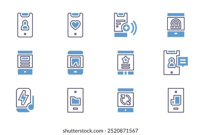 Conjunto de ícones do smartphone. Estilo de linha em negrito. Cores duotônicas. Acidente vascular cerebral editável. celular, smartphone, celular, moeda, impressora.