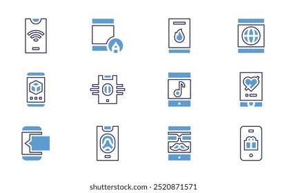 Smartphone-Symbolsatz. Fette Linienart. Duotonfarben. Bearbeitbarer Strich. Mobiltelefon, Smartphone, Zahlungsmethode, mobile Bezahlung, Apps, Benutzer, Handy.