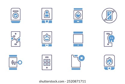 Conjunto de iconos de smartphone. Estilo de línea en negrita. Colores duotónicos. Video Visitante, billetera, transferencia en línea, teléfono, café, $, reserva, candado, teléfono inteligente, sin teléfonos inteligentes, bebé.