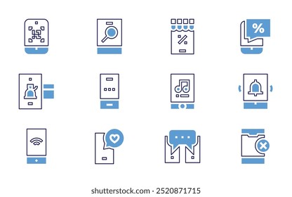 Smartphone icon set. Bold line style. Duotone colors. Editable stroke. video, smartphone, conversation, mobile app, mobile phone, wifi, no phone.