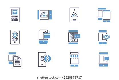 Smartphone icon set. Bold line style. Duotone colors. Editable stroke. smartphone, telemedicine, upload, document, chat, search, online banking, mobile store.