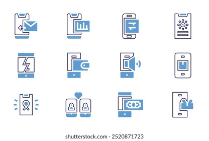 Smartphone icon set. Bold line style. Duotone colors. Editable stroke. smartphone, shipping, speaker, broken, wallet, video player, shopping bag.