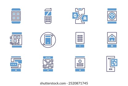 Smartphone icon set. Bold line style. Duotone colors. Editable stroke. smartphone, chat, mobile phone, battery, news, profile, qr code, gps.