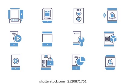 Smartphone icon set. Bold line style. Duotone colors. Editable stroke. smartphone, pie chart, mail, transport, broken smartphone, calculator, emergency call.