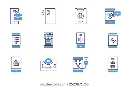 Conjunto de iconos de smartphone. Estilo de línea en negrita. Colores duotónicos. Trazo editable. búsqueda, teléfono inteligente, chat, App de citas.