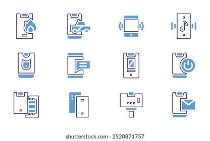 Conjunto de ícones do smartphone. Estilo de linha em negrito. Cores duotônicas. AVC editável. proteger, smartphone, livro, selfie, cartão de embarque, wireframe, marketing móvel, protótipo.