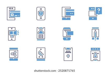 Smartphone icon set. Bold line style. Duotone colors. Editable stroke. phone call, app, voting, smartphone, mobile phone, document, cell phone, film reel, calendar.
