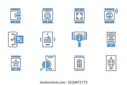 Smartphone-Symbolsatz. Fette Linienart. Duotonfarben. Bearbeitbarer Strich. Handy, Smartphone, Fingerabdruck, Stern, Telefon.