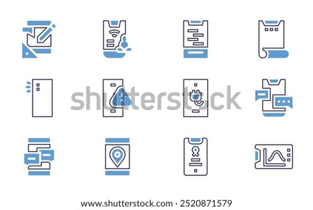 Smartphone icon set. Bold line style. Duotone colors. Editable stroke. mobile phone, smartphone, charging, chating, internet, music player, phone case.
