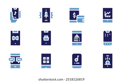 Conjunto de ícones do smartphone. Estilo negrito. Cores duotônicas. visitante, carteira, smartphone, telefone, aplicativo de música, bate-papo móvel, aplicativo móvel, celular.