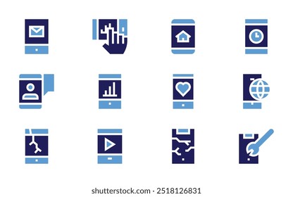 Smartphone icon set. Bold style. Duotone colors. smartphone, settings, location, mobile phone, videocall, no mobile.