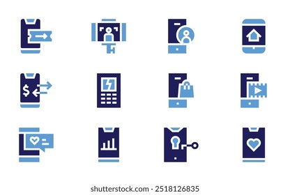 Conjunto de iconos de smartphone. Estilo audaz. Video Duotone colores. smartphone, bienes raíces, selfie, usuario, jugador, roto, bolso de compras, gráficos, seguridad móvil.
