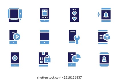 Smartphone-Symbolsatz. Fett. Duotonfarben. Smartphone, Tortendiagramm, Zahlungsmethode, Play-Taste, Notruf.