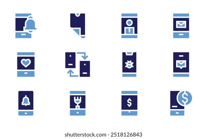 Smartphone icon set. Bold style. Duotone colors. smartphone, phone, virus, alarm, notification, flexible, mobile phone, mobile, bank, message.