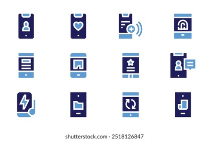 Smartphone-Symbolsatz. Fett. Duotonfarben. Smartphone, Telefon, Hotel, Marketing, Kamera, Handy, Handy, Gerät, Mobile Map.