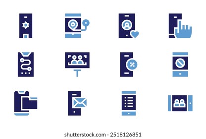 Smartphone-Symbolsatz. Fett. Duotonfarben. Smartphone, Navigation, Zahlungsart.