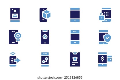 Smartphone-Symbolsatz. Fett. Duotonfarben. Smartphone, Passwort, sicher, Zahlungsmethode, Mobiltelefon, mobile App.