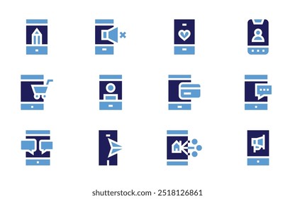 Smartphone icon set. Bold style. Duotone colors. smartphone, mute, videocall, chat, phone call, online payment, control.