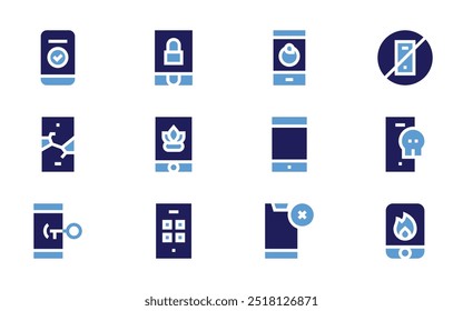 Smartphone icon set. Bold style. Duotone colors. smartphone, booking, padlock, no smartphones, baby, mobile phone, no cellphone, mobile protection, app.