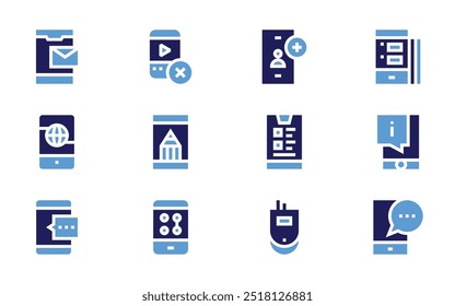 Smartphone icon set. Bold style. Duotone colors. payment method, add friend, mobile phone, message, smartphone, broadcast, chat, information, mobile.