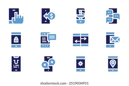 Conjunto de iconos de smartphone. Estilo audaz. Duotone colores. App, transferencia, smartphone, candado, datos, correo electrónico, Configuraciones, ubicación.