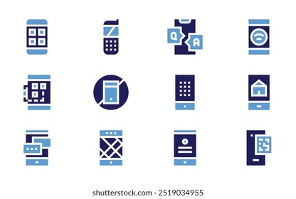 Conjunto de ícones do smartphone. Estilo negrito. Cores duotônicas. aplicativo móvel, smartphone, telefone celular, wifi, bate-papo, código qr, gps, perfil, sem telefone celular.