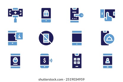 Smartphone icon set. Bold style. Duotone colors. info, smartphone, unlock, selfie, no mobile, food delivery, mobile payment, apps, user.