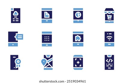 Smartphone icon set. Bold style. Duotone colors. mobile app, mobile phone, smartphone, weather app, market, chat, password.