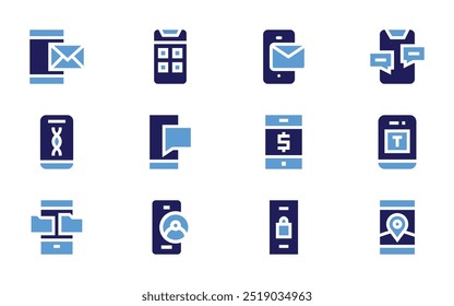 Smartphone icon set. Bold style. Duotone colors. apps, mail, email, chat, dna, mobile banking, mobile phone, text message, text, mobile map, smartphone.