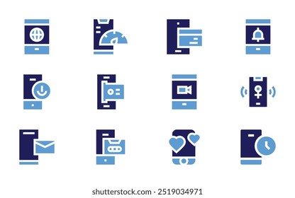 Smartphone icon set. Bold style. Duotone colors. smartphone, mobile, mobile phone, stand by, cassette, mobile payment, mobile banking.