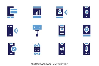 Smartphone icon set. Bold style. Duotone colors. smartphone, mobile phone, mobile game, mobile banking, cellphone, online payment, selfie stick.