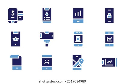 Conjunto de iconos de smartphone. Estilo audaz. Duotone colores. smartphone, App móvil, móvil, banca, teléfono, mapa móvil.