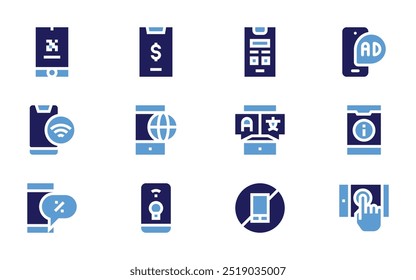 Conjunto de ícones do smartphone. Estilo negrito. Cores duotônicas. smartphone, global, cartão de embarque, tradutor, wireframe, informação, marketing móvel, sem celular.