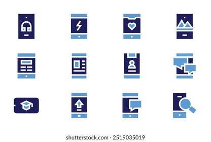 Smartphone icon set. Bold style. Duotone colors. smartphone, dating app, upload, chat, search, online shop, chatting.
