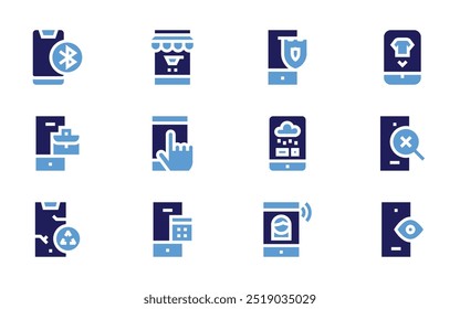 Smartphone icon set. Bold style. Duotone colors. smartphone, buy, ecommerce, shield, briefcase, weather app, broken smartphone, calculator.