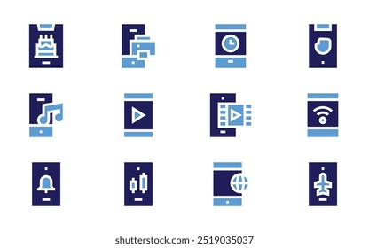 Smartphone icon set. Bold style. Duotone colors. music, smartphone, mobile, printer.