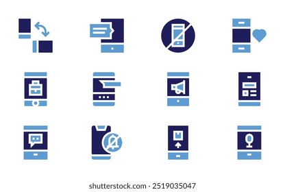 Conjunto de iconos de smartphone. Estilo audaz. Duotone colores. móvil, chat, teléfono inteligente, sin teléfono, banca.