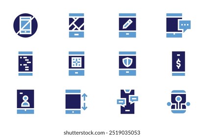 Conjunto de ícones do smartphone. Estilo negrito. Cores duotônicas. celular, smartphone, sem telefone, mapa, design, cartão de embarque, chamada de vídeo, rolagem.