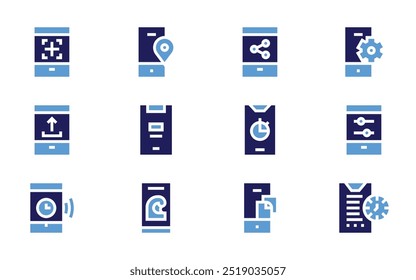 Conjunto de iconos de smartphone. Estilo audaz. Duotone colores. teléfono móvil, smartphone, documento, ubicación, teléfono celular, Configuraciones.