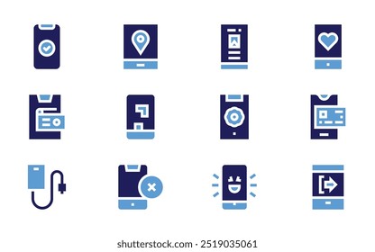 Smartphone icon set. Bold style. Duotone colors. mobile phone, mobile payment, done, mobile game, smartphone, gps, device, smileys.