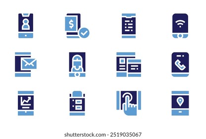 Smartphone-Symbolsatz. Fett. Duotonfarben. mobile Bezahlung, Smartphone, Zahlungsmethode, Tippen, Telefon, Videoanruf, Mobiltelefon, Tablet.