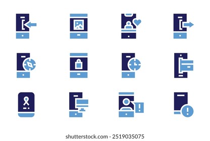 Smartphone icon set. Bold style. Duotone colors. login, mobile phone, compass, computer, smartphone, logout, mobile, clock, mobile payment.